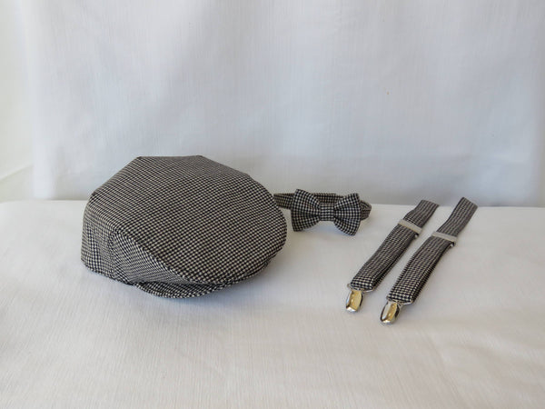 Black and White Flat Cap Bow Tie Suspenders Set