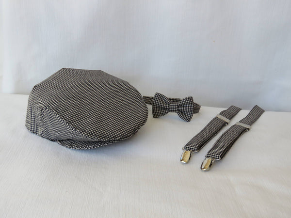 Black and White Flat Cap Bow Tie Suspenders Set