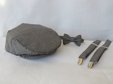 Black and White Flat Cap Bow Tie Suspenders Set-Taylors Tartans