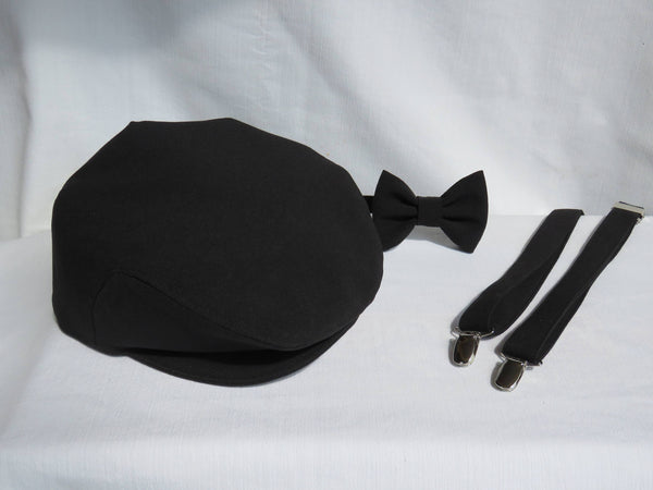 Black Newsboy Hat, Suspenders and Bow Tie Set-Taylors Tartans