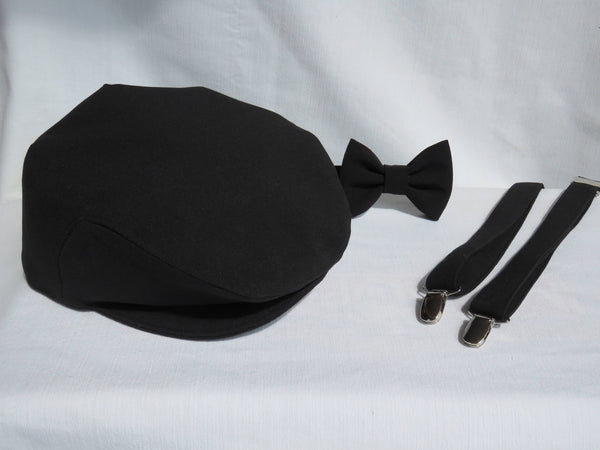 Black Newsboy Hat, Suspenders and Bow Tie Set