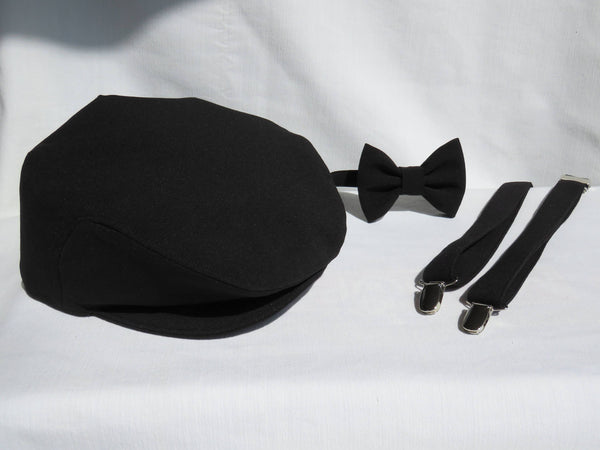 Black Newsboy Hat, Suspenders and Bow Tie Set