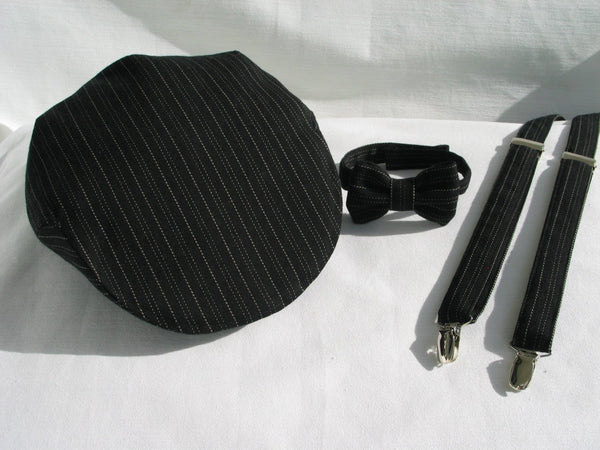 groomsmen black flat cap suspenders and bow tie - Taylors Tartans