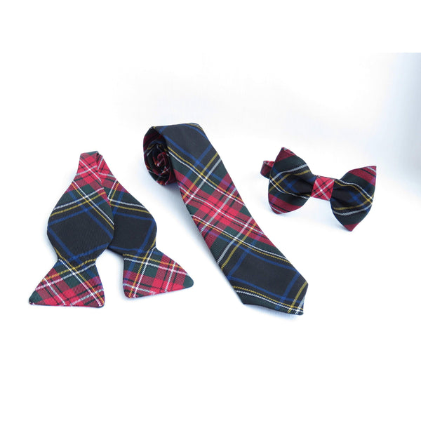 Necktie, bow tie, and freestyle bow tie made from Black Stewart tartan fabric displayed on a white background.
