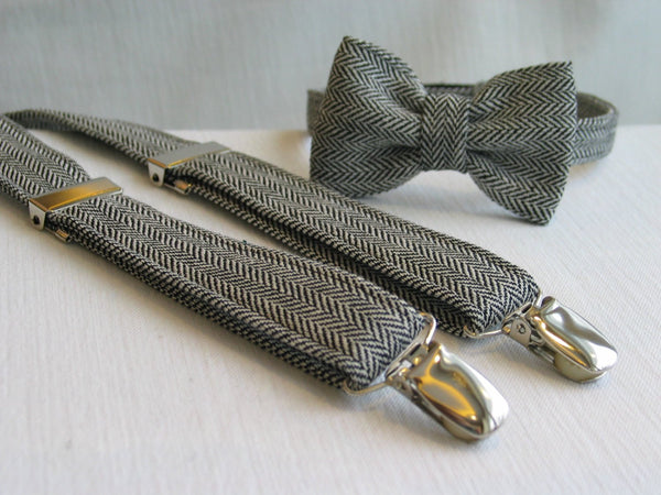 Black White Herringbone Suspenders and Bow Tie-Taylors Tartans