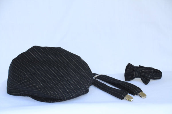 Black with Cream Pinstripe Newsboy Cap Suspenders Bow Tie-Taylors Tartans
