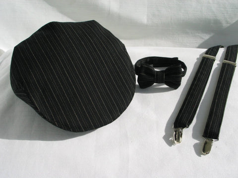 Black with Cream Pinstripe Newsboy Cap Suspenders Bow Tie-Taylors Tartans