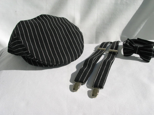 Black with White Stripe Newsboy Hat, Bow Tie Suspenders-Taylors Tartans