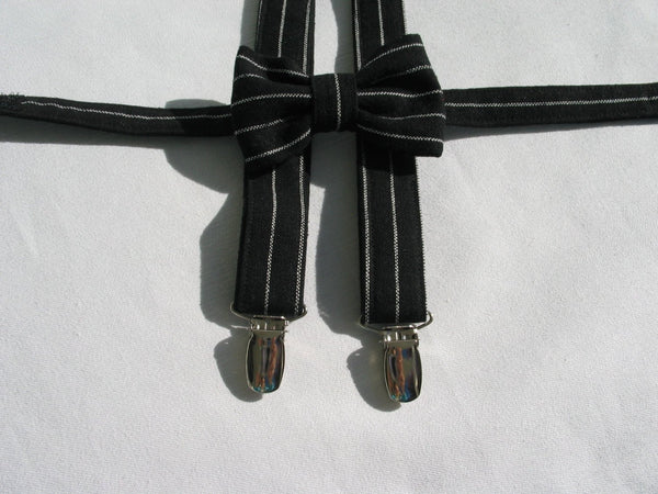 Black with White Stripe Newsboy Hat, Bow Tie Suspenders