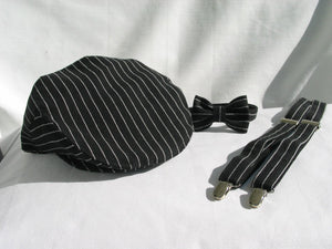 Black with White Stripe Newsboy Hat, Bow Tie Suspenders-Taylors Tartans