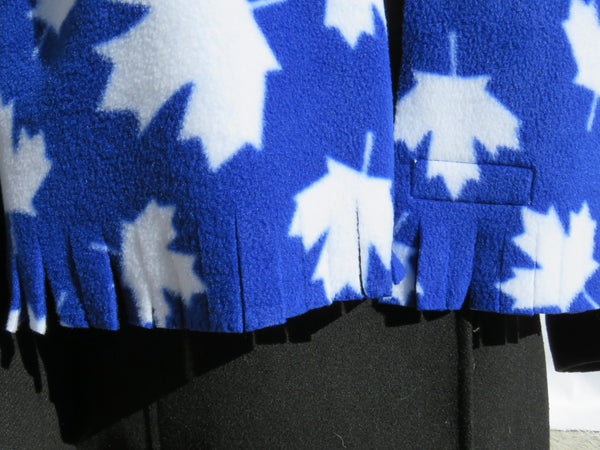 close up of blue maple leaf fleece scarf