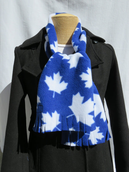Blue with White Maple Leaf Fleece Scarf