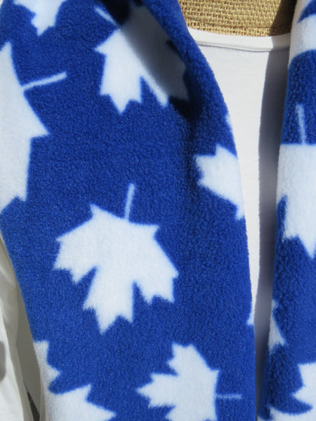 close up of blue with white maple leaf fleece scarf