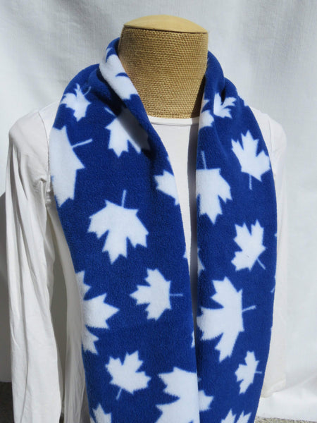 Blue with White Maple Leaf Fleece Scarf on a mannequin with a white background.