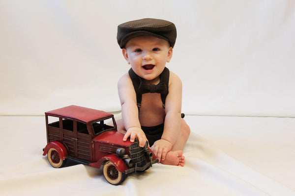 Brown Suspenders Bow Tie Diaper Cover Set