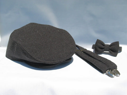 Charcoal Gray Newsboy Cap Suspenders Bow Tie