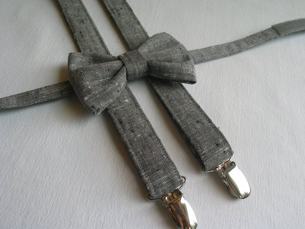 Charcoal Gray Newsboy Cap Suspenders Bow Tie