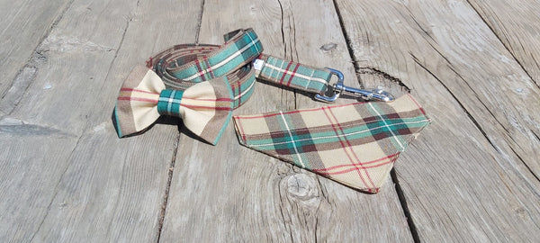 Tartan Dog Bow Tie To Slide on Collar, Saskatchewan Tartan Doggie Bow Tie, Yellow Plaid Pet Accessory, Matching Bow Tie for Dog and Dog Dad