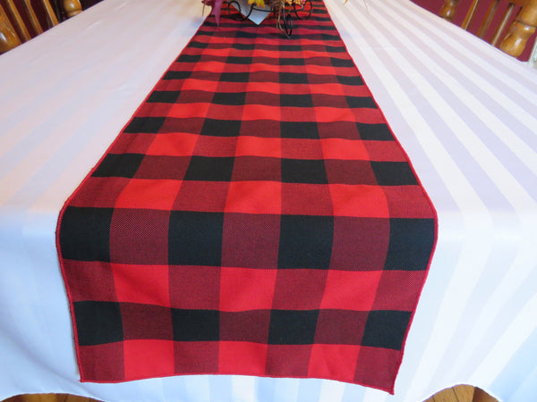 Close-up of MacGregor red and black plaid on a white tablecloth.