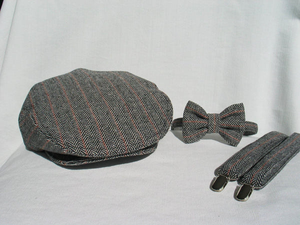 Wool Herringbone Flat Cap Suspender Bow Tie-Taylors Tartans