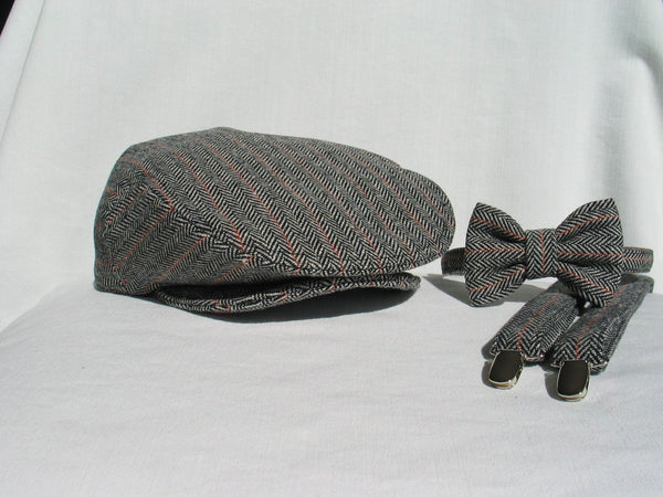 Wool Grey Herringbone Flat Cap Suspender Bow Tie